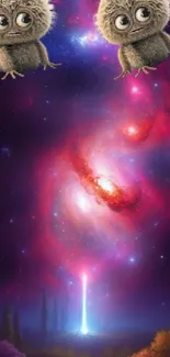 Two cute creatures float in a colorful cosmic galaxy scene.