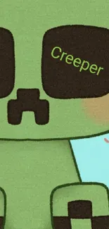 Cute cartoon Creeper wallpaper in green tones.