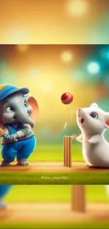 Cartoon elephant and mouse playing cricket in a vibrant scene.