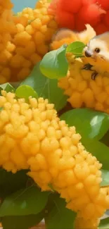 Cute critter on yellow bumpy flowers with lush green leaves.
