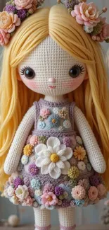 Colorful crochet doll with floral dress and blonde hair.