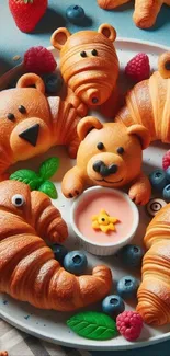 Delightful animal-shaped croissants with berries and leaves.