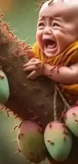 Crying baby on a tree with ants, wearing a saffron robe.