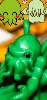 Cute green Cthulhu cartoon with mythical fantasy theme.