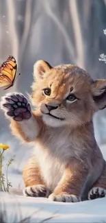 Adorable lion cub reaching for a butterfly in a dreamy natural scene.