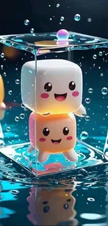 Cute cube characters floating with water droplets in vibrant colors.