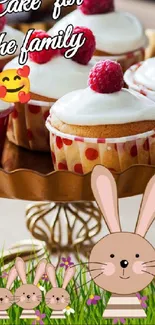 Cupcakes with bunny design and raspberries on a golden stand.