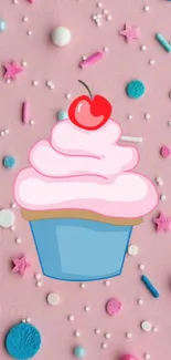 Cute cupcake on pastel pink background with colorful sprinkles.