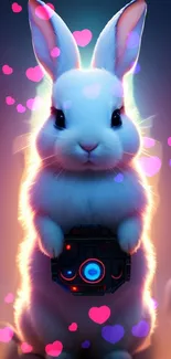 Cute cyber bunny with glowing hearts on wallpaper.