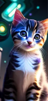 Cybernetic kitten with neon lights in a futuristic setting.