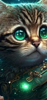 Adorable cyberpunk cat with glowing teal green eyes and futuristic design.