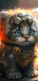Cyberpunk kitten with glowing eyes and metal gear.