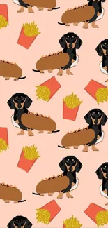 Pattern of cartoon dachshunds and fries on a peach background.