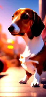 Adorable dachshund in a vibrant city scene with glowing lights.