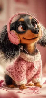 Dachshund with pink headphones and cozy sweater.