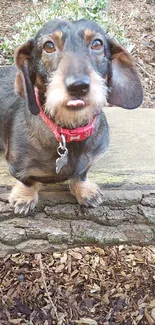 Cute dachshund sitting on a wooden bench in a garden.