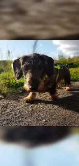 Playful dachshund on a sunlit path, surrounded by natural scenery.