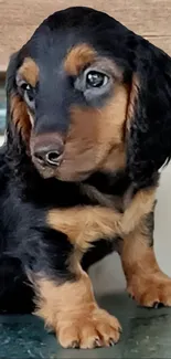 Cute dachshund puppy sitting on a surface, looking adorable.