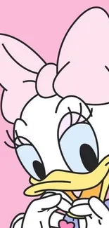 Daisy Duck mobile wallpaper with pink background and heart gesture.