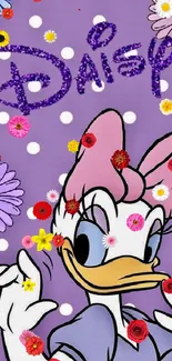 Daisy Duck on a purple polka dot background with flowers.