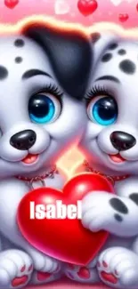 Two cartoon Dalmatian puppies holding a heart.