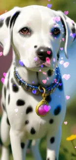 Adorable Dalmatian puppy with a purple pendant in a colorful garden.