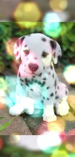 Cute Dalmatian puppy sitting outdoors with vibrant colors.