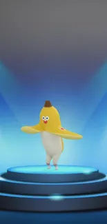 Banana character dancing on a spotlighted stage with a blue background.