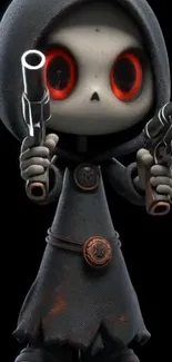 Cute hooded cartoon character with red eyes holding guns.