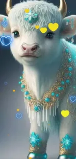 Decorated baby cow with blue and gold accents in a whimsical style.