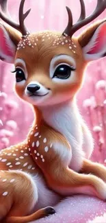 Adorable cartoon deer in pink blossom forest.