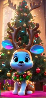 Cartoon deer in front of Christmas tree with gifts and festive lights.