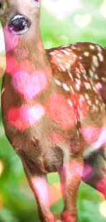 Cute deer with heart-shaped bokeh lights on green background.