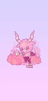 Cute demon with horned head in pink hues with a whimsical background.