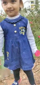 Toddler in blue denim dress with pink flowers in a garden setting.