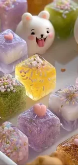 Cute dessert cubes with bear designs in pastel colors.