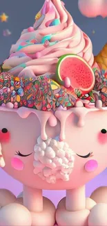 Whimsical dessert character with colorful candy and ice cream elements.