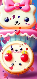 Adorable cartoon bear cupcake wallpaper with strawberries.