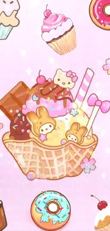 Cute dessert-themed wallpaper with pink background and kawaii pastries.