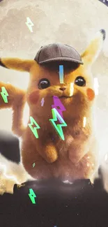 Cute Detective Pikachu with vibrant background on mobile wallpaper.