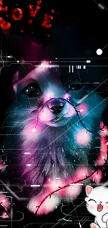 Adorable glowing digital puppy with love text and neon lights.