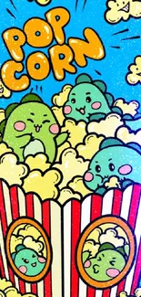 Cartoon dinosaurs in popcorn bucket with vibrant colors.