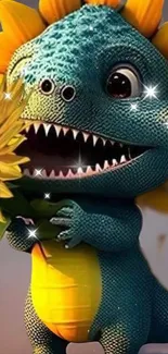 Cute dinosaur in a sunflower costume, sparkling design.