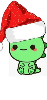 Adorable green dinosaur in a Santa hat on mobile wallpaper.