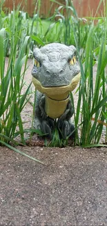 Toy dinosaur surrounded by garden in vibrant greenery.