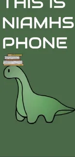 Green dinosaur with books on phone wallpaper.