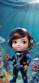 Adorable cartoon diver exploring vibrant coral and fish underwater.