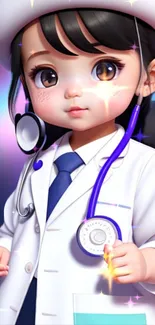 Cute child in a doctor's outfit with sparkles on a mobile wallpaper.