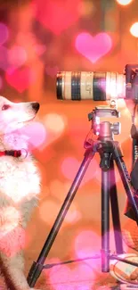 Cute dog beside photographer with camera at night.