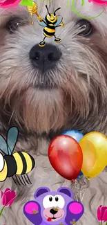 Fluffy dog with cartoon bees, roses, balloons, and purple bear.